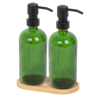 B&Q -  2Pc Glass Soap Dispenser Set With Bamboo Tray500MlGreen