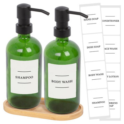 B&Q -  2Pc Glass Soap Dispenser Set With Bamboo Tray & Labels500MlGreen/white