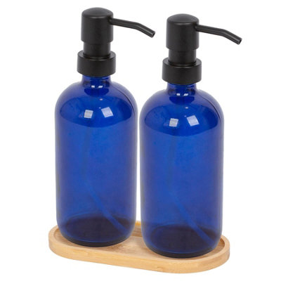 B&Q -  2Pc Glass Soap Dispenser Set With Bamboo Tray500MlBlue