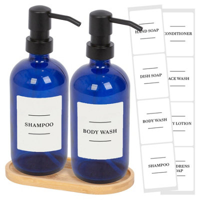 B&Q -  2Pc Glass Soap Dispenser Set With Bamboo Tray & Labels500MlBlue/white