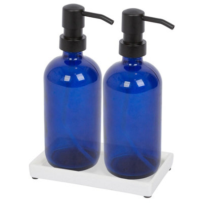 B&Q -  2Pc Glass Soap Dispenser Set With Ceramic Tray500MlBlue