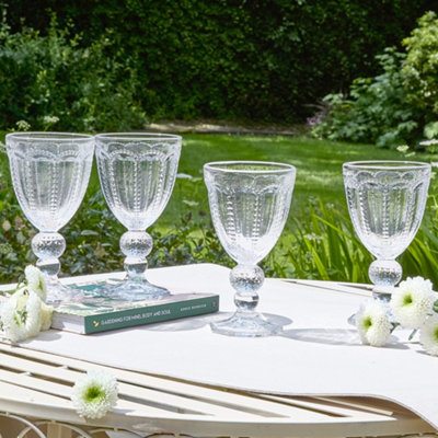 Dibor Set Of 4 Vintage Luxury Clear Spring Summer Embossed Drinking Wine Goblet Glasses 250Ml from B&Q