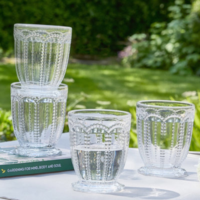 Dibor Set Of 4 Luxury Clear Embossed Short Drinking Glass Whiskey Glass Tumblers Spring Summer Wine Goblets  340Ml from B&Q