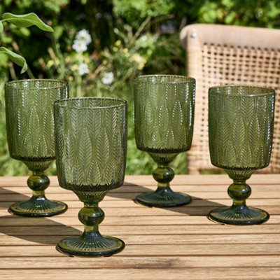 Dibor Set Of 4 Vintage Luxury Green Trailing Leaf Drinking Goblet Glasses 350Ml from B&Q