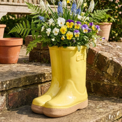 Dibor Small Yellow Wellington Boot Indoor Outdoor Flower Pot Garden Planter H17 X W15Cm from B&Q