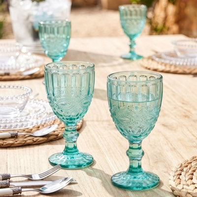Dibor Set Of 4 Vintage Luxury Turquoise Drinking Glass Spring Summer Wine Goblets 350Ml from B&Q