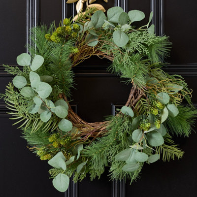 Vintage Style Giant Eucalyptus Hedgerow Festive Decor Autumn-Winter Wreath Front Door Christmas Wreath 50Cm from B&Q