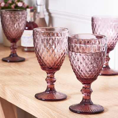 Dibor Set Of 2 Vintage Luxury Red Diamond Embossed Drinking Glass Spring Summer Wine Goblets 270Ml from B&Q