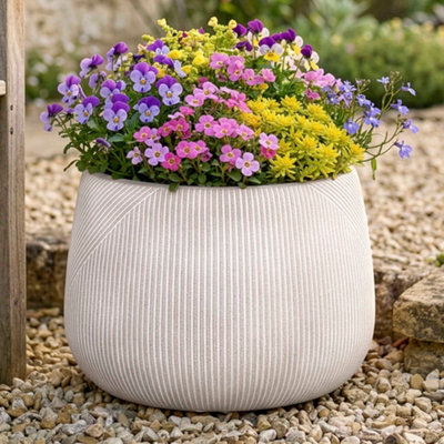 Dibor Small Beige Symmetry Stripe Beige Fibre Clay Indoor Outdoor Garden Planter Houseplant Flower Plant Pot H20 X Dia 29Cm from B&Q