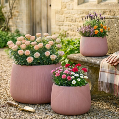 Dibor Set Of 3 Terracotta Symmetry Stripe Fibre Clay Indoor Outdoor Garden Planter Houseplant Flower Plant Pots from B&Q
