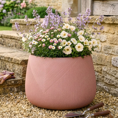 Dibor Large Terracotta Symmetry Stripe Fibre Clay Indoor Outdoor Garden Planter Houseplant Flower Plant Pot  H37 X Dia 55Cm from B&Q