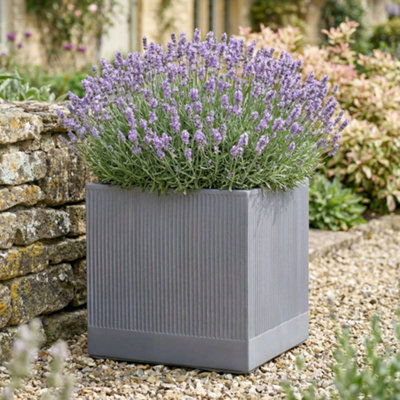 Dibor Large Slate Grey Ribbed Finish Fibre Clay Indoor Outdoor Garden Plant Pots Houseplant Flower Planter H37 X W37Cm from B&Q
