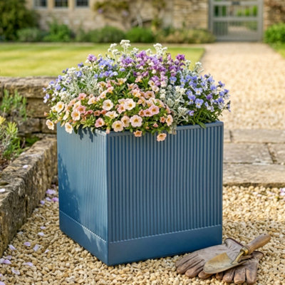 Dibor Large Navy Blue Ribbed Finish Fibre Clay Indoor Outdoor Garden Plant Pots Houseplant Flower Planter H37 X W37Cm from B&Q