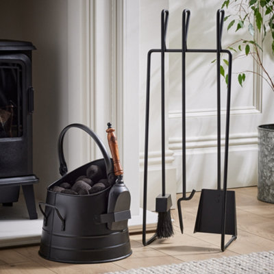 Dibor Contemporary Black Freestanding 3 Tools Fireside Companion Set With Log And Kindling  Bucket from B&Q