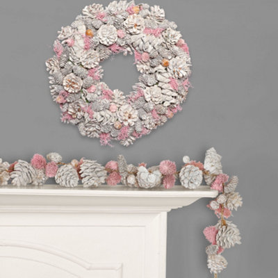  - Silver And Pink Amelia Pinecone Door Christmas 39Cm With Garland 1.2M