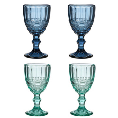 Dibor Set Of 4 Vintage Luxury Sapphire Blue & Turquoise Drinking Glass Spring Summer Wine Goblets 350Ml from B&Q