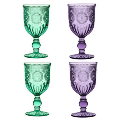 Dibor Set Of 4 Luxury Embossed Purple & Turquoise Embossed Drinking Spring Summer Wine Goblets  290Ml from B&Q