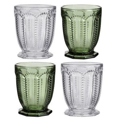 Dibor Set Of 4 Luxury Clear & Green Embossed Short Drinking Glass Whiskey Glass Tumblers Spring Summer Wine Goblets  340Ml from B&Q