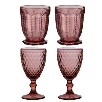 Dibor Set Of 4 Vintage Luxury Purple Embossed Drinking Short Tumbler & Spring Summer Wine Goblets 270Ml from B&Q
