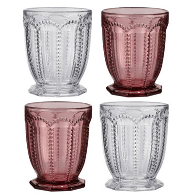Dibor Set Of 4 Luxury Clear & Purple Embossed Short Drinking Glass Whiskey Glass Tumblers Spring Summer Wine Goblets  340Ml from B&Q
