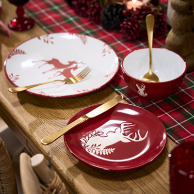 6 Piece Red Plates And Bowls Reindeer Christmas Dinner Set 2 Person Christmas Crockery Set from B&Q