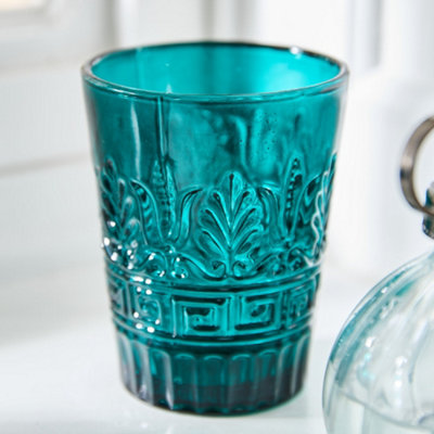 B&Q -  Set Of 4 Blue Art Deco Spring Summer Embossed Drinking Glass Tumblers 280Ml