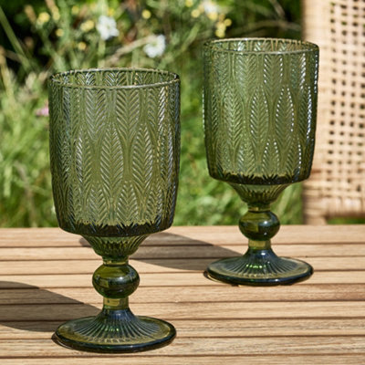 Dibor Set Of 2 Vintage Luxury Green Trailing Leaf Drinking Goblet Glasses 350Ml from B&Q