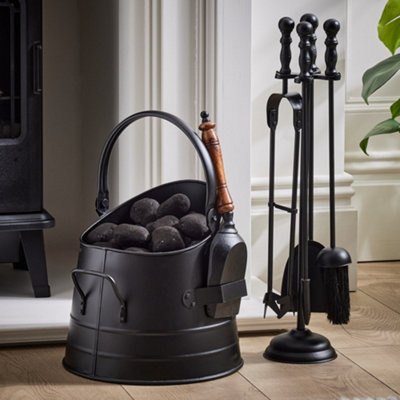 Dibor Traditional Fireplace Black CoalLog And Kindling Bucket With Fireside Companion Set from B&Q