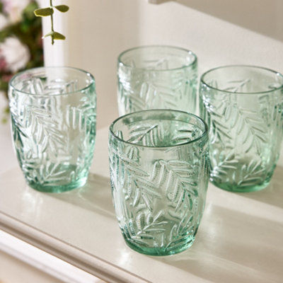 Dibor Set Of 4 Laurier Green Spring Summer Embossed Leaf Drinking Glass Short Tumblers 320Ml from B&Q