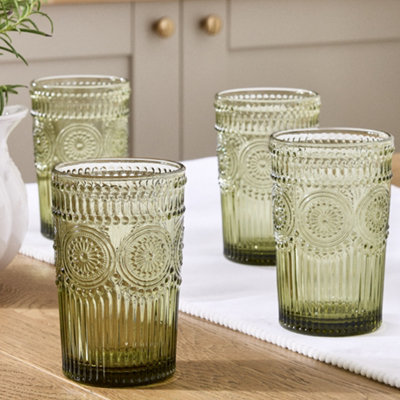 Dibor Set Of 4 Palmas Green Embossed Drinking Glass Spring Summer Tall Tumbers 380Ml from B&Q