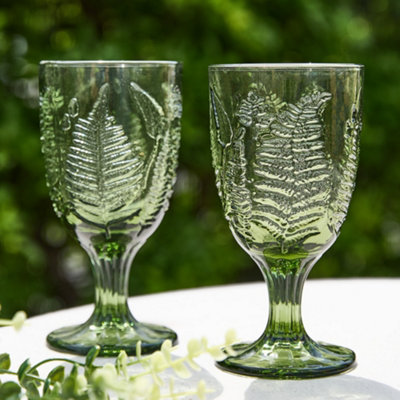 Dibor Set Of 2 Vintage Luxury Green Leaf Embossed Drinking Glass Spring Summer Wine Goblets 230Ml from B&Q