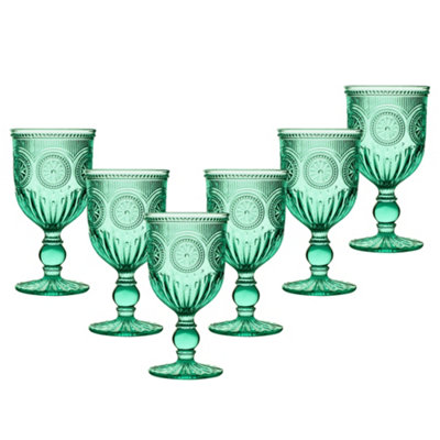 Dibor Set Of 6 Vintage Luxury Turquoise Embossed Drinking Glass Spring Summer Wine Goblets 290Ml from B&Q