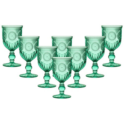 Dibor Set Of 8 Vintage Luxury Turquoise Embossed Drinking Glass Spring Summer Wine Goblets 290Ml from B&Q