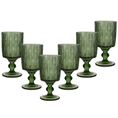Dibor Set Of 6 Vintage Luxury Green Trailing Leaf Drinking Goblet Glasses 350Ml from B&Q