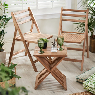 Dibor Wooden 3Pc Bistro Set Teak Slatted Wooden Folding Indoor Furniture Coffee Table And Chair Set from B&Q