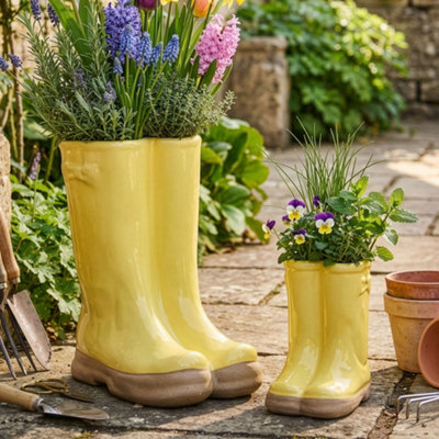 Dibor Set Of 2 Small And Yellow Red Wellington Boots Ceramic Indoor Outdoor Flower Pot Garden Planter Pots from B&Q