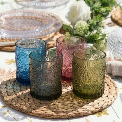 Dibor Set Of 4 Vintage Luxury Mix-Match Embossed Short Drinking Glass Tumblers Spring Summer Glassware 300Ml from B&Q