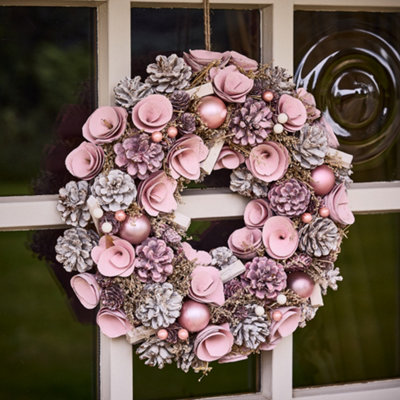 Dibor Pink Roses Festive Decor Autumn-Winter Front Door Wreath Christmas Wreath 38Cm from B&Q