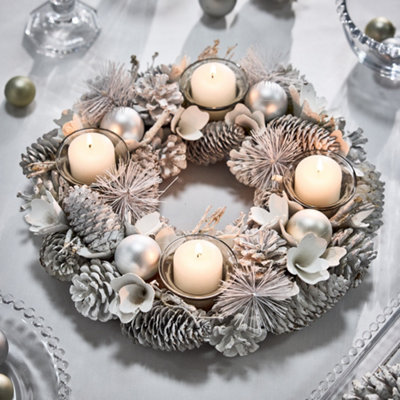 Dibor White Frosted Round Table Centrepiece Christmas Decoration Candle Holder Tealight Holder 30Cm from B&Q