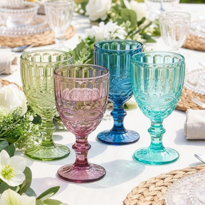 Dibor Set Of 4 Mix Match Embossed Palazzo Coloured Glass Wedding Decor Glassware Wine Goblets 350Ml from B&Q