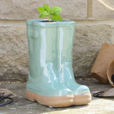 Dibor Green Sage Wellingtons Boots Indoor Outdoor Flower Pot Garden Planter (H)15Cm, (W) 17Cm Small