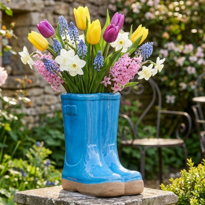 Dibor Small Blue Wellington Outdoor Planter Ceramic Indoor Outdoor Flower Pot Garden Planters H17 X W15Cm from B&Q