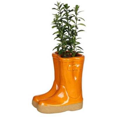Dibor Orange Double Wellington Boots Indoor Outdoor Flower Pot Garden Planter (H)15Cm, (W) 17Cm Small
