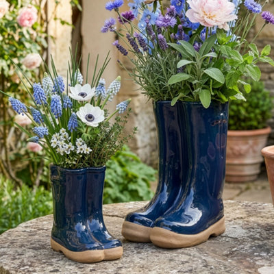Dibor Small & Large Dark Blue Indoor Outdoor Garden Welly Boots Planter Set from B&Q