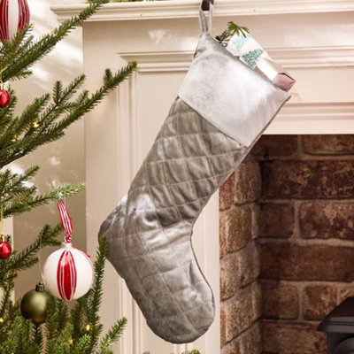 Dibor Traditional Harrington Quilted Grey Velvet Xmas Gift Decoration Christmas Stocking For Kids from B&Q