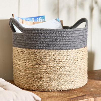 B&Q -  Traditional Seagrass Medium Grey Stripe Indoor Storage Basket H24 X D39Cm