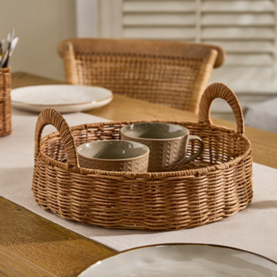 Dibor Traditional Round Rattan Serving Tray With Handles from B&Q