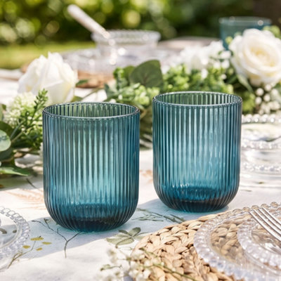 Dibor Set Of 2 Vintage Luxury Blue Ribbed Short Drinking Glass Whisky Glass Tumbers Spring Summer Wedding Decor Glassware 270Ml from B&Q