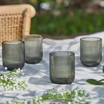 Dibor Set Of 4 Vintage Luxury Grey Ribbed Short Drinking Glass Whisky Glass Tumbers Spring Summer Glassware 270Ml from B&Q