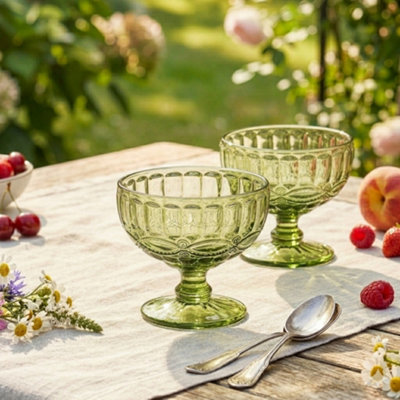 Dibor Set Of 2 Vintage Glass Trifle Bowl And Dessert Bowls Green